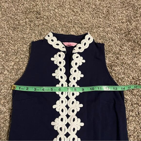 Lilly Pulitzer Callista Lace Embroidered Zip Front High Neck Shift Dress Navy - Picture 11 of 12
